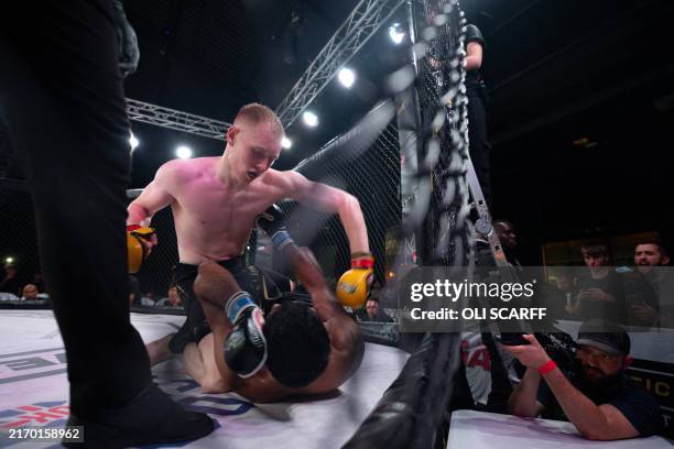 Mixed martial arts fighters Joe Frodsham and Garon Shemar compete in a cage fight for the vacant 'GTFP 61.2kg Championship' at an evening of MMA...