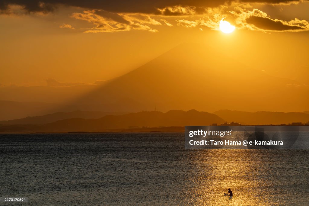 Mt. Fuji and sunset beach in Kanagawa of Japan
