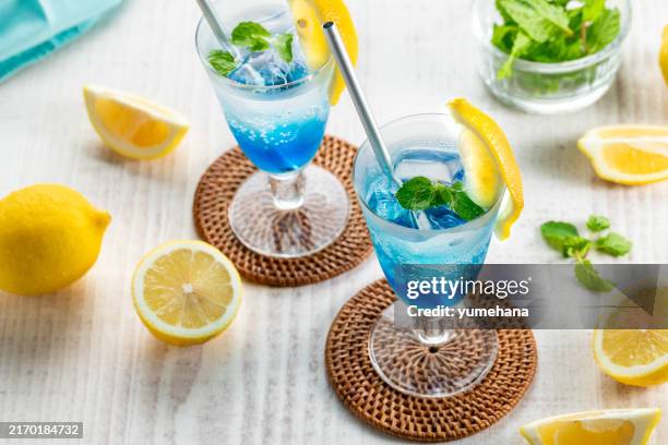 refreshing blue drink or cocktail with lemon and mint - blue curacao stock pictures, royalty-free photos & images