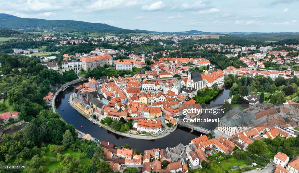 Cesky Krumlov city old town aerial view Czech
