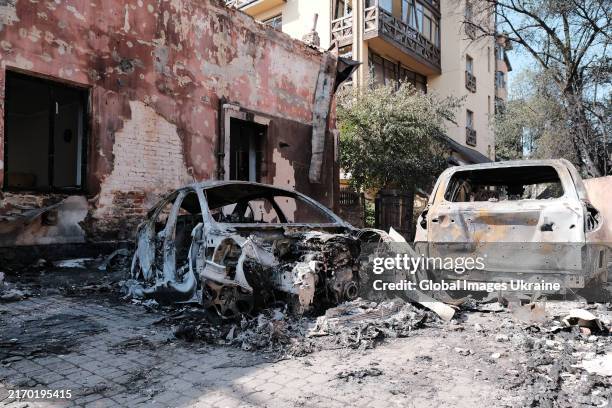Cars lie wrecked at the site of a Russian missile strike on the city's residential buildings on September 4, 2024 in Lviv, Ukraine. Russia carried...