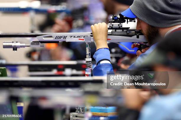 Tim Jeffery of Team Great Britain or Paralympics GB team competes in the R9 - Mixed 50m Rifle Prone SH2 Final on day seven of the Paris 2024 Summer...