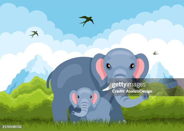 ilustrações de stock, clip art, desenhos animados e ícones de a baby elephant with its mother. coloring book for children. - filhote de animal