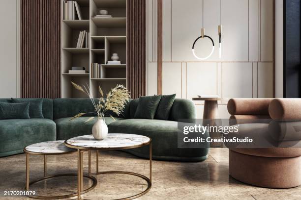 modernes, elegantes wohnzimmer - innenarchitektur - 3d-rendering - interior design stock-fotos und bilder