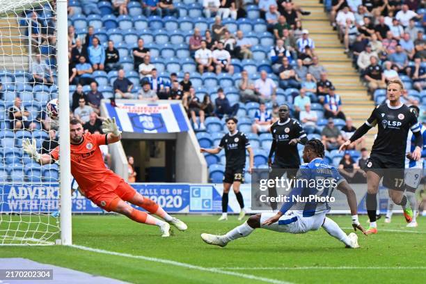 Owura Edwards scores the first goal for the team, making it 1-1, during the Sky Bet League 2 match between Colchester United and Bromley at the...