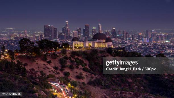 high angle view of illuminated buildings at night,los angeles,california,united states,usa - city of los angeles stock pictures, royalty-free photos & images