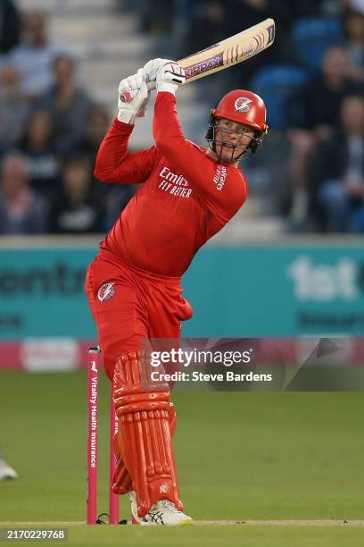 Keaton Jennings of Lancashire Lightning plays a shot during the T20 Vitality Blast Quarter-Final between Sussex Sharks and Lancashire Lightning at...