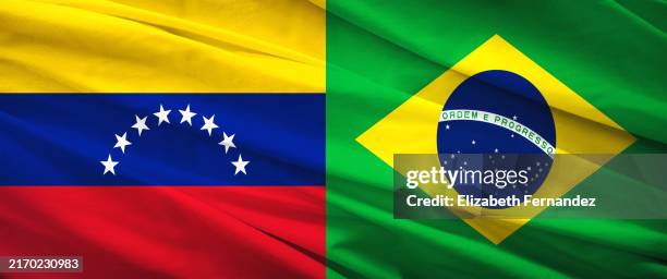 venezuela and brazil flags side by side - symbolizing bilateral relations and diplomatic connections - bandera venezuela fotografías e imágenes de stock
