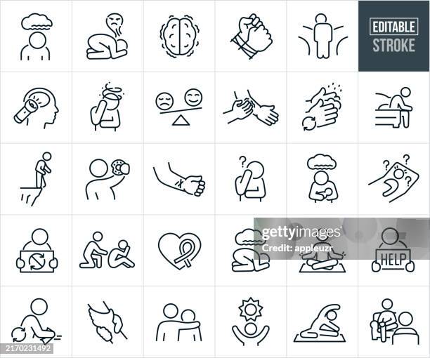 mental illness thin line icons - editable stroke - selbstverletzung stock-grafiken, -clipart, -cartoons und -symbole