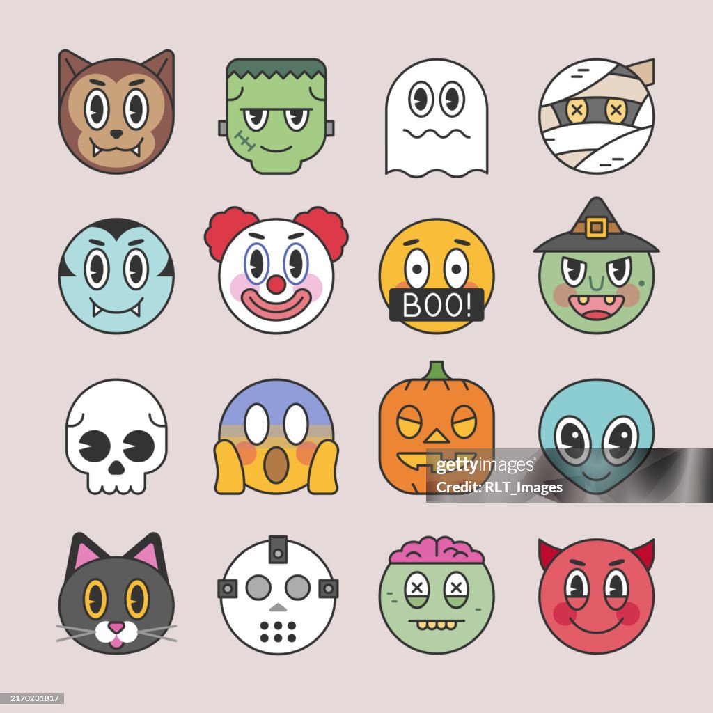 Halloween & Horror Emoji Icon Set — Flache Farbe Monoline Stil