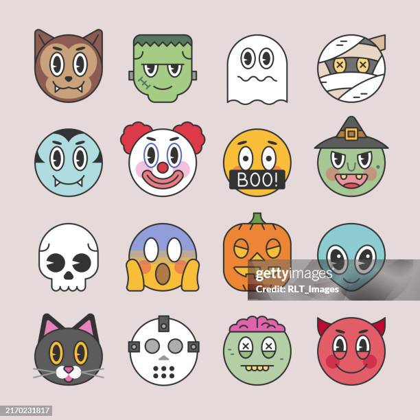 halloween & horror emoji icon set — flat color monoline style - alien head stock illustrations
