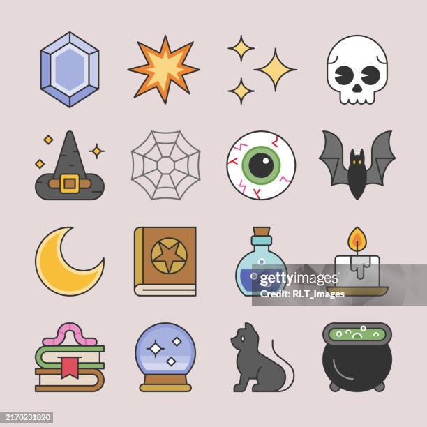 magic & sorcery icon set — flat color monoline style - wizard stock illustrations