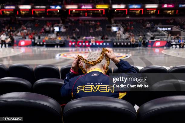 Peggy Shepard, of Carmel, Indiana, prepares for the game between the Indiana Fever game at Gainbridge Fieldhouse on September 8, 2024 in...