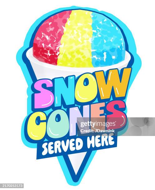 bunter schneekegel, der hier serviert wird, symboldesign mit text und schneekegelbecher - wassereis stock-grafiken, -clipart, -cartoons und -symbole