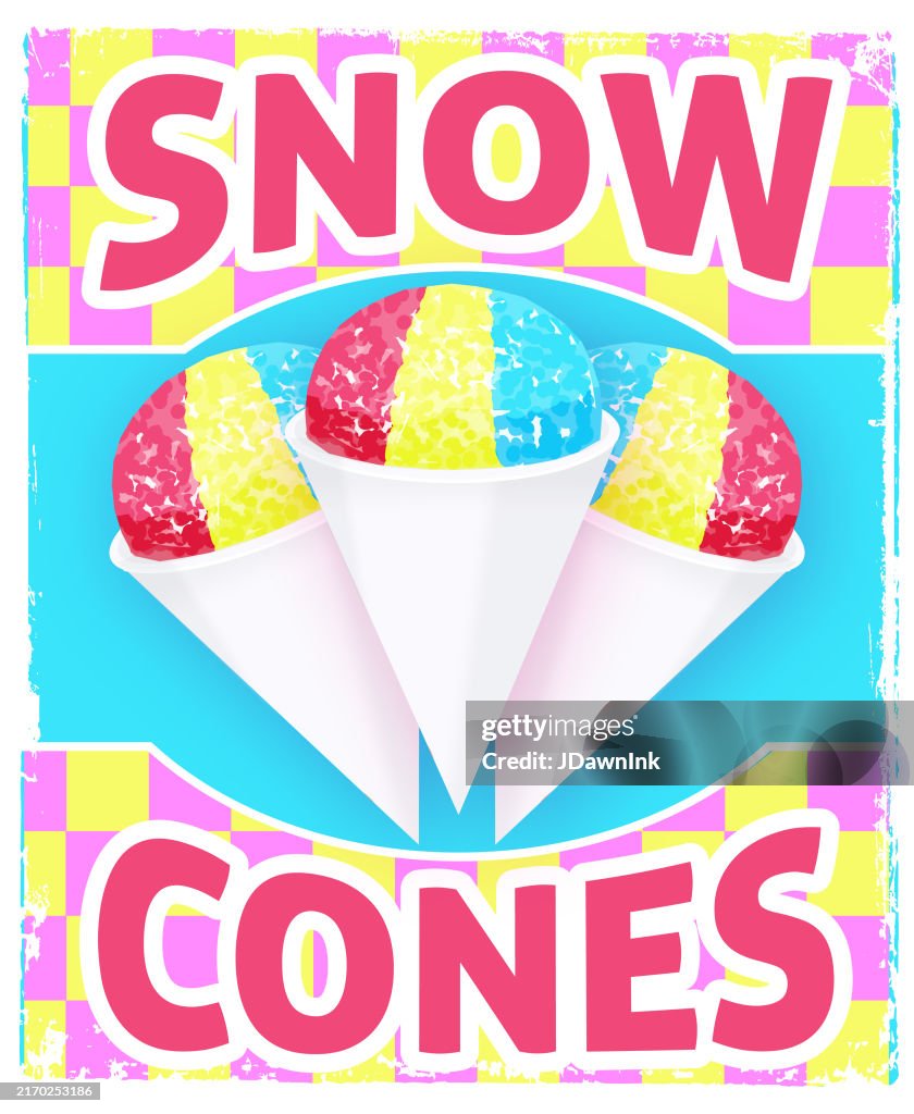 Colorful Retro Shaved Ice Snow Cone Served Here Diner or Ice Cream Shop Sign design with text and snow cone cups