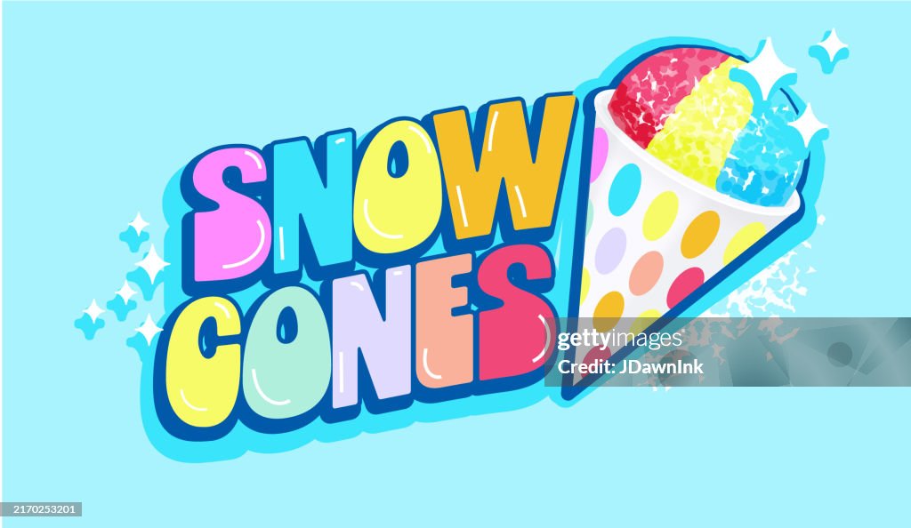 Colorful Snow Cone icon design with text and snow cone cup
