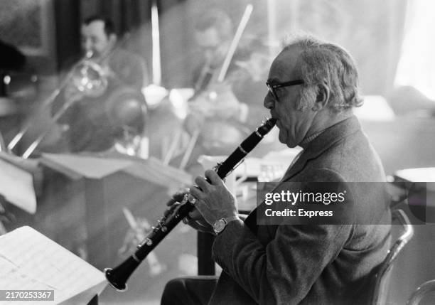 Clarinettist Benny Goodman performing during a tour of the UK, February 3rd 1970.