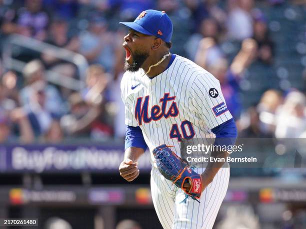 Luis Severino of the New York Mets reacts after the final out of the top of the fifth inning during the game gainst the Cincinnati Reds at Citi Field...
