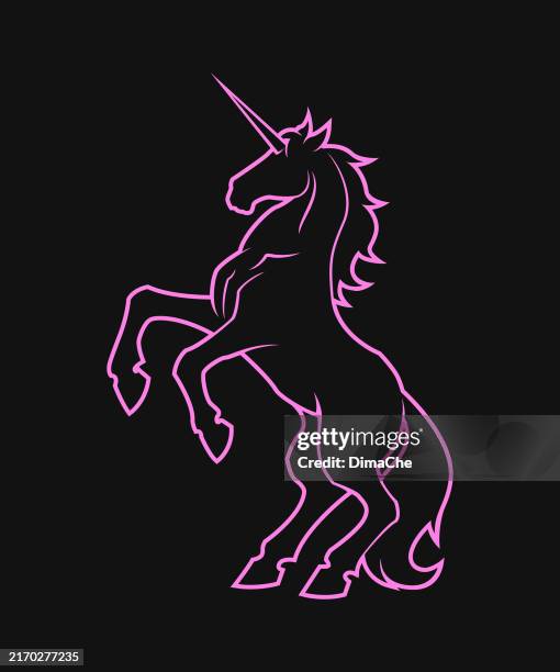 unicorn pink silhouette - cut out vector icon, logo, badge, sticker with rearing unicorn - horse standing on hind legs stock illustrations