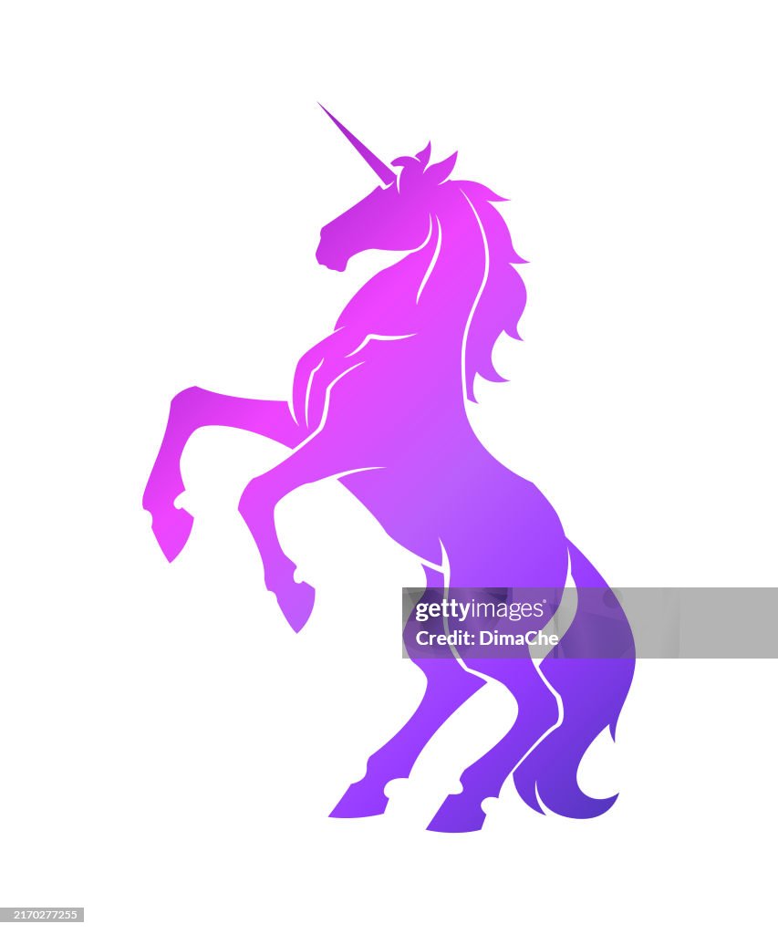 Unicorn cut out silhouette - vector icon, logo, badge, sticker with pink-purple rearing unicorn