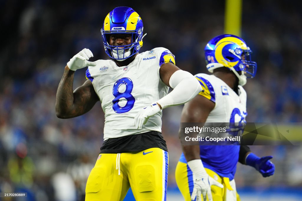 Detroit Rams Jared Verse of the Los Angeles Rams celebrates after a play against ...