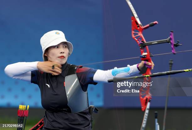 Chunyan Wu of Team People's Republic of China competes during the Para Archery Women's Individual Recurve Open Semifinal match on day six of the...