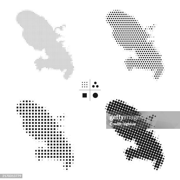 ilustraciones, imágenes clip art, dibujos animados e iconos de stock de mapas de puntos de martinica - 4 estilos de semitonos diferentes - territorios franceses de ultramar