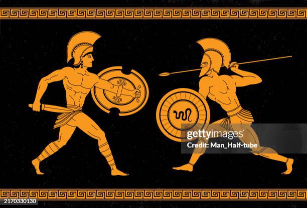 illustrazioni stock, clip art, cartoni animati e icone di tendenza di antichi guerrieri greci - stile greco classico