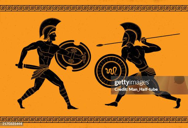 illustrazioni stock, clip art, cartoni animati e icone di tendenza di antichi guerrieri greci - stile greco classico