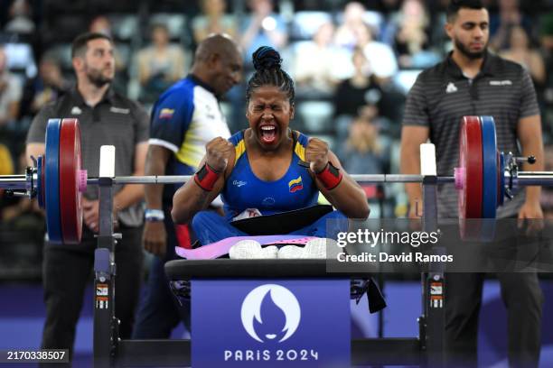 Clara Sarahy Fuentes Monasterio of Team Venezuela celebrates during the Women's Up to 50kg Final on day eight of the Paris 2024 Summer Paralympic...