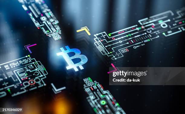 bitcoin symbol on digital display. crypto currency and digital wallets background. block chain in world of technological progress and innovation - bitcoin stock pictures, royalty-free photos & images