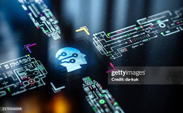 la puissance des moteurs d’ia modernes. l’ia centralise le traitement et le transfert de données entre différentes unités. visualisation futuriste de technologies d’ia innovantes modernes - apprentissage automatique photos et images de collection
