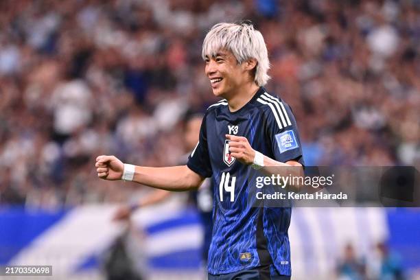 Junya Ito of Japan celebrates after scoring the team's fifth goal during the FIFA World Cup Asian 3rd Qualifier Group C match between Japan and China...