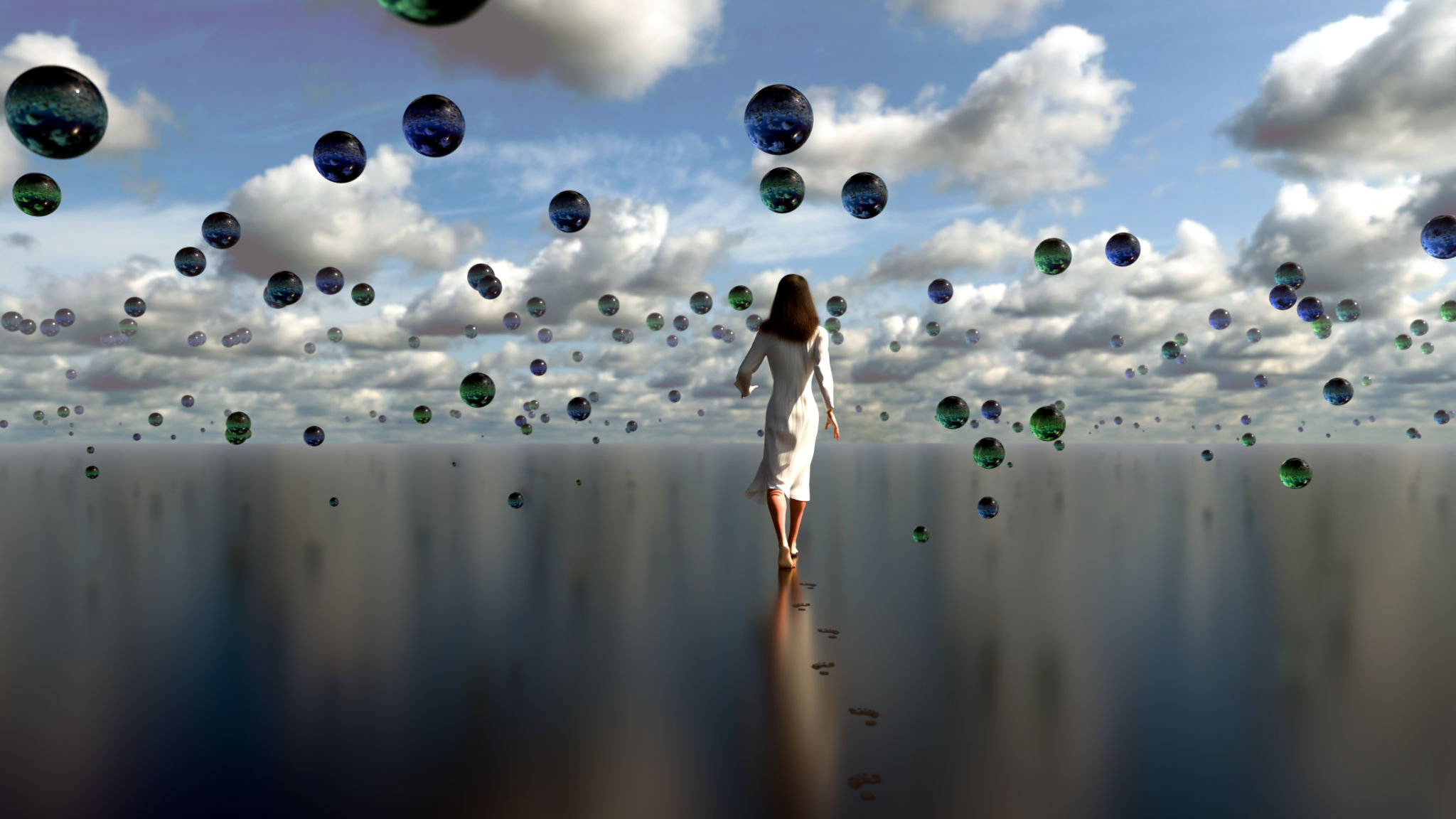 Barefoot woman wearing a white dress while walking away from the camera into a surreal infinite surface surrounding by green and blue floating orbs. Barefoot woman wearing a white dress while walking away from the camera into a surreal infinite surface surrounding by green and blue floating orbs.