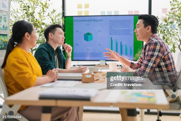 ideas sharing for business success. business development teamwork start new project status meeting or decision to report esg (environment,social,governance) for sdgs goals in a sustainable green office working discussion - big tech stock pictures, royalty-free photos & images