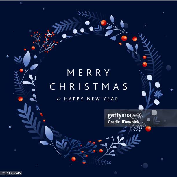 ilustraciones, imágenes clip art, dibujos animados e iconos de stock de plantilla de diseño de tarjeta de felicitación de feliz navidad en azul oscuro con forma de corona de navidad hecha de ramas y flores dibujadas a mano - corona arreglo floral