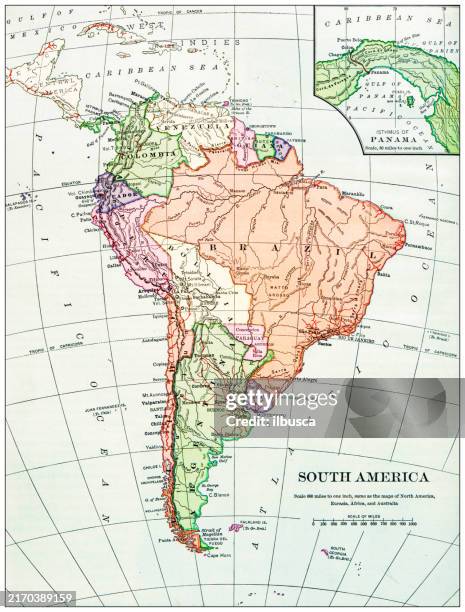 ilustraciones, imágenes clip art, dibujos animados e iconos de stock de mapa antiguo de américa del sur (1898) - américa del sur mapa de america latina