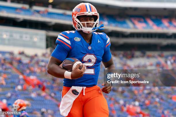 Florida Gators quarterback DJ Lagway warm ups before a college football game between the Samford Bulldogs and the Florida Gators on September 7th,...