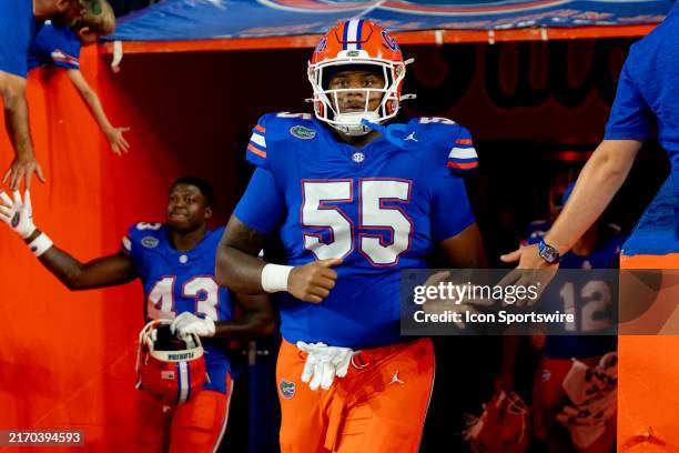 Florida Gators offensive lineman Mike Williams jogs out of the tunnel during a college football game between the Samford Bulldogs and the Florida...