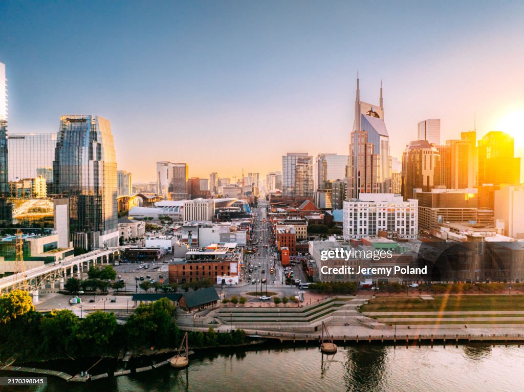 Elevated View of Broadway, the Tourism Center of Downtown Nashville, Tennessee on a Sunny Summer Afternoon from the North Side of the Cumberland River near Nissan Stadium