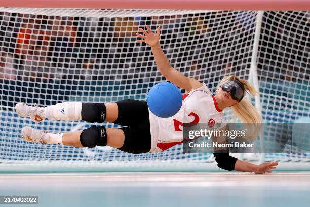 Reyhan Yılmaz of Team Turkiye makes a save against Team Israel during the Women's Goalball Gold Medal Game on day eight of the Paris 2024 Summer...