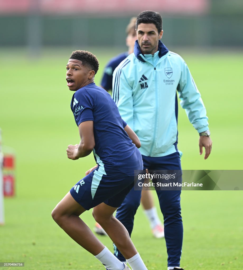 Arsenal Training Arsenal manager Mikel Arteta with Andre Harriman-Annous during a ...