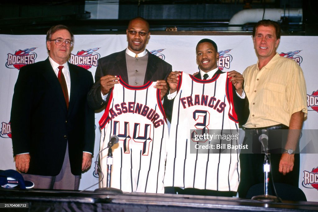 Houston Rockets Button Press Carroll Dawson, Tony Massenburg, Steve Francis of the Houston Rockets ...