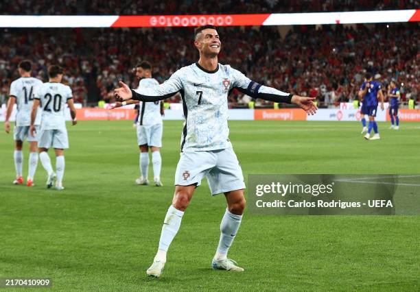 Cristiano Ronaldo of Portugal celebrates scoring his team's second goal during the UEFA Nations League 2024/25 League A Group A1 match between...