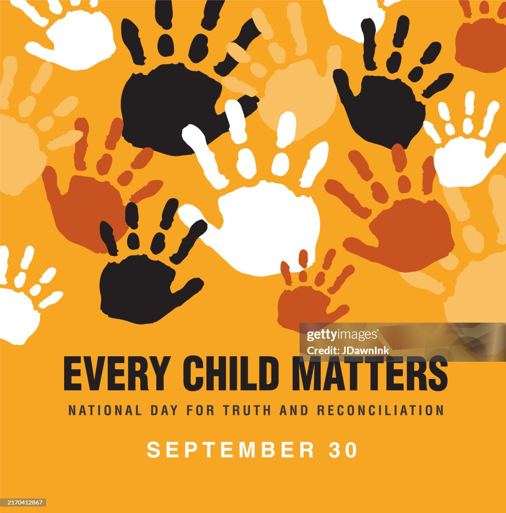 National Day for Truth and Reconciliation Every Child Matters web banner design with abstract hand prints