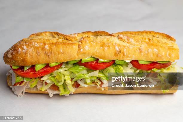 large fresh sandwich side view - bocadillo submarino fotografías e imágenes de stock
