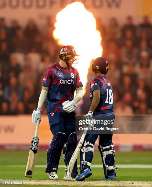 David Willey of Northamptonshire Steelbacks looks on with team mate Saif Zaib during the T20 Vitality Blast quarter final match between...