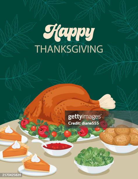 fall thanksgiving turkey dinner table with copy space - thanksgiving meal vector stock illustrations