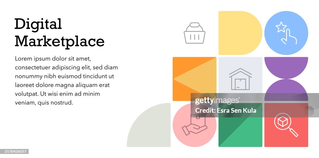 Digital Marketplace Concept Bauhaus Style Web Banner Design with Simple Editable Stroke Line Icons.