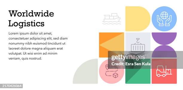 worldwide logistics concept bauhaus style web banner design with simple editable stroke line icons. - warehouse background stock illustrations